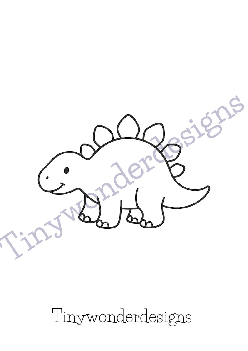 May include: A black and white line drawing of a cartoon dinosaur, a stegosaurus, with a smiling face. The dinosaur has a row of plates on its back and is walking. The text "Tinywonderdesigns" is in the image.