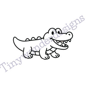 May include: A black and white cartoon illustration of an alligator with a smiling expression. The alligator has a row of teeth and is walking. The text "Tinywonderdesigns" is below the alligator.