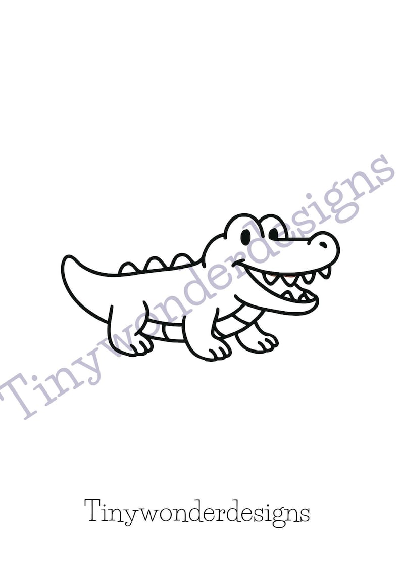 May include: A black and white cartoon illustration of an alligator with a smiling expression. The alligator has a row of teeth and is walking. The text "Tinywonderdesigns" is below the alligator.