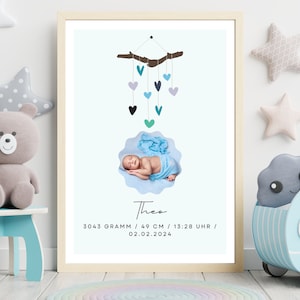 Gepersonaliseerde geboortekaart mobiel & hartjes blauw digitaal individueel gemaakt met een foto van jouw kindje - PDF PNG geboortekaartje