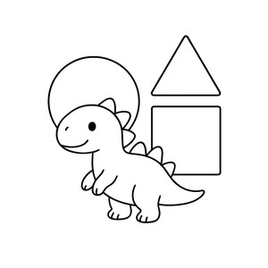 Peut inclure: Illustration en noir et blanc d'un dinosaure souriant, d'un cercle, d'un triangle et d'un carré. Le texte "Tinywonderdesigns" est en bas. Idéal pour les produits pour enfants.