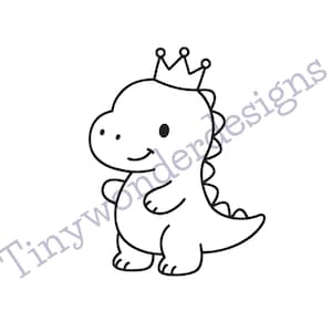 May include: A black and white line drawing of a cartoon dinosaur wearing a crown. The dinosaur has a friendly expression and a curved tail. The text "Tinywonderdesigns" is below the drawing.