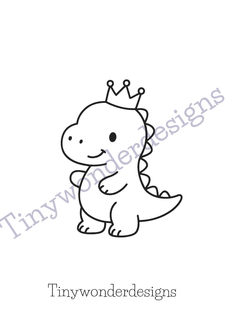 May include: A black and white line drawing of a cartoon dinosaur wearing a crown. The dinosaur has a friendly expression and a curved tail. The text "Tinywonderdesigns" is below the drawing.