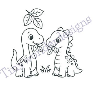 May include: Black and white illustration of two friendly dinosaurs, each holding leaves in their mouths. The dinosaurs are standing on grass, with a leafy branch above them. The text "Tinywonderdesigns" is at the bottom.