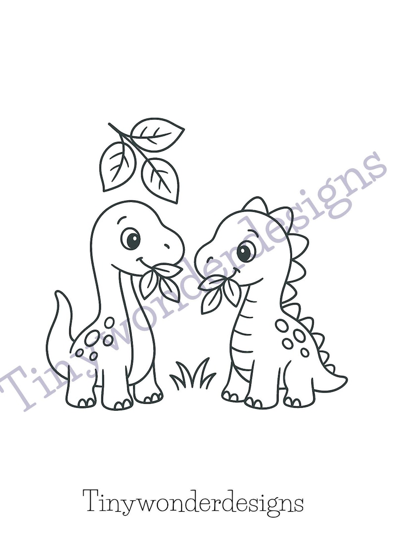 May include: Black and white illustration of two friendly dinosaurs, each holding leaves in their mouths. The dinosaurs are standing on grass, with a leafy branch above them. The text "Tinywonderdesigns" is at the bottom.
