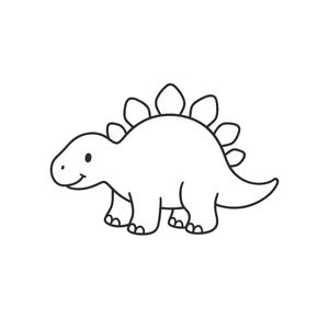 May include: A black and white line drawing of a smiling dinosaur, a stegosaurus, with a row of plates on its back. The text "Tinywonderdesigns" is below the dinosaur.
