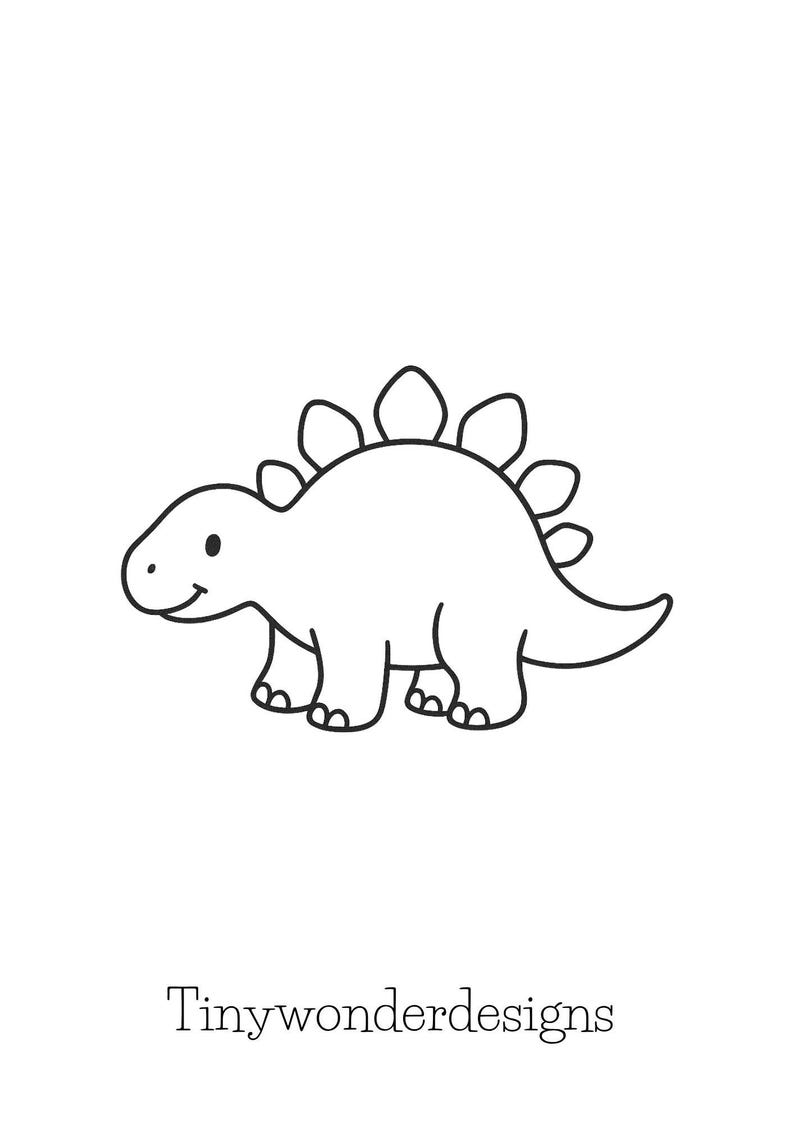 May include: A black and white line drawing of a smiling dinosaur, a stegosaurus, with a row of plates on its back. The text "Tinywonderdesigns" is below the dinosaur.