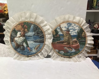 Tapices de pared con escenas de pesca con mosca vintage, enmarcados en tela y con aros de madera (14 unidades)