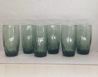 Juego de 6 vasos de estilo vintage Anchor Hocking Central Park con diseño de remolino verde hiedra.