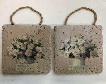 Decoración de pared Barbara Moke Tile de 15 x 15 x 1,2 cm, estilo shabby chic, con flores (juego de 2)