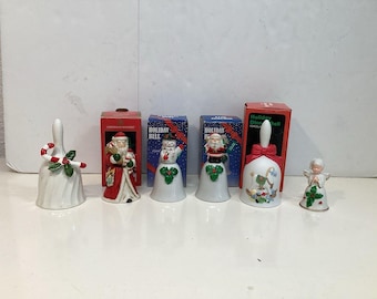 Juego de 6 campanas navideñas vintage, Papá Noel, bastón de caramelo, ángel, muñeco de nieve y caballo.