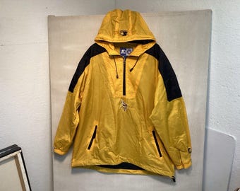 Chaqueta vintage Starter Minnesota Vikings talla L, media cremallera, amarilla, con capucha y revestimiento impermeable.