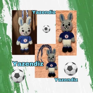 May include: Crocheted bunny dolls in blue, white, and gray, wearing a soccer jersey. The image includes a soccer ball and the text "Yazendiz". The dolls have black eyes and are wearing a blue and white jersey.