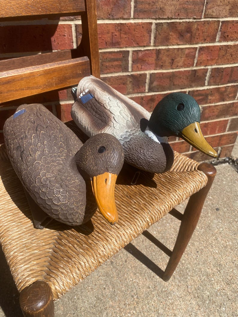 Vintage Flambeau mallard duck decoy pair displayed together in natural sunlight on woven chair showing drake and hen with realistic feather texture and classic mallard coloration, molded plastic floating hunting decoys with weighted keel bases, rustic cabin lodge decor styled with Ralph Lauren inspired sporting aesthetic, lake house interior design accent, outdoorsman collectible combining functional waterfowl hunting gear with decorative appeal, aged wear adds authentic vintage character