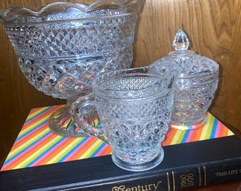 Anchor Hocking Wexford Cream and Sugar Set and / or 4 inch Footed Serving Bowl – Vintage Pressed Glass Compote