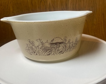 Vintage Pyrex Forest Fancies Casserole Baking Dish 473 B 1 Quart Qt Mushroom Design Mixing Bowl Speckled Tan Opalware No Lid MCM Kitchenware