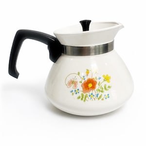 Vintage Corning Ware Wildflower 6 Cup Coffee Pot P-104 | Carafe with Lid | Retro Floral Tea Pot | 1970s Grandmacore Cottage Kitchen Decor