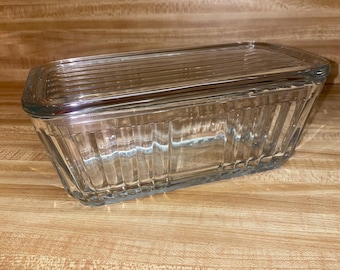 Vintage Anchor Hocking Clear Glass Refrigerator Dish with Lid – Ribbed Retro Kitchen Storage Rectangle Fridgie Mid Century Kitchenware