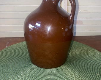 Vintage Brown Ceramic Jug Vase Mid Century Pottery Stoneware Pitcher Rustic Farmhouse Decor Music Box AS IS Works Sporadically