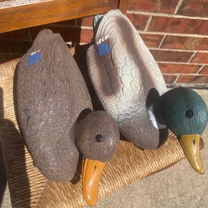 Side profile of drake mallard duck decoy featuring green head white neck ring gray feathered body and blue wing accent, vintage Flambeau molded plastic hunting decoy with realistic sculpted feather texture, functional floating decoy with weighted keel underside, rustic lodge decor and Ralph Lauren cabin style inspiration, lake house display piece with sporting heritage, aged patina and paint wear visible, outdoorsman decor collectible suitable for shelf styling or hunting use