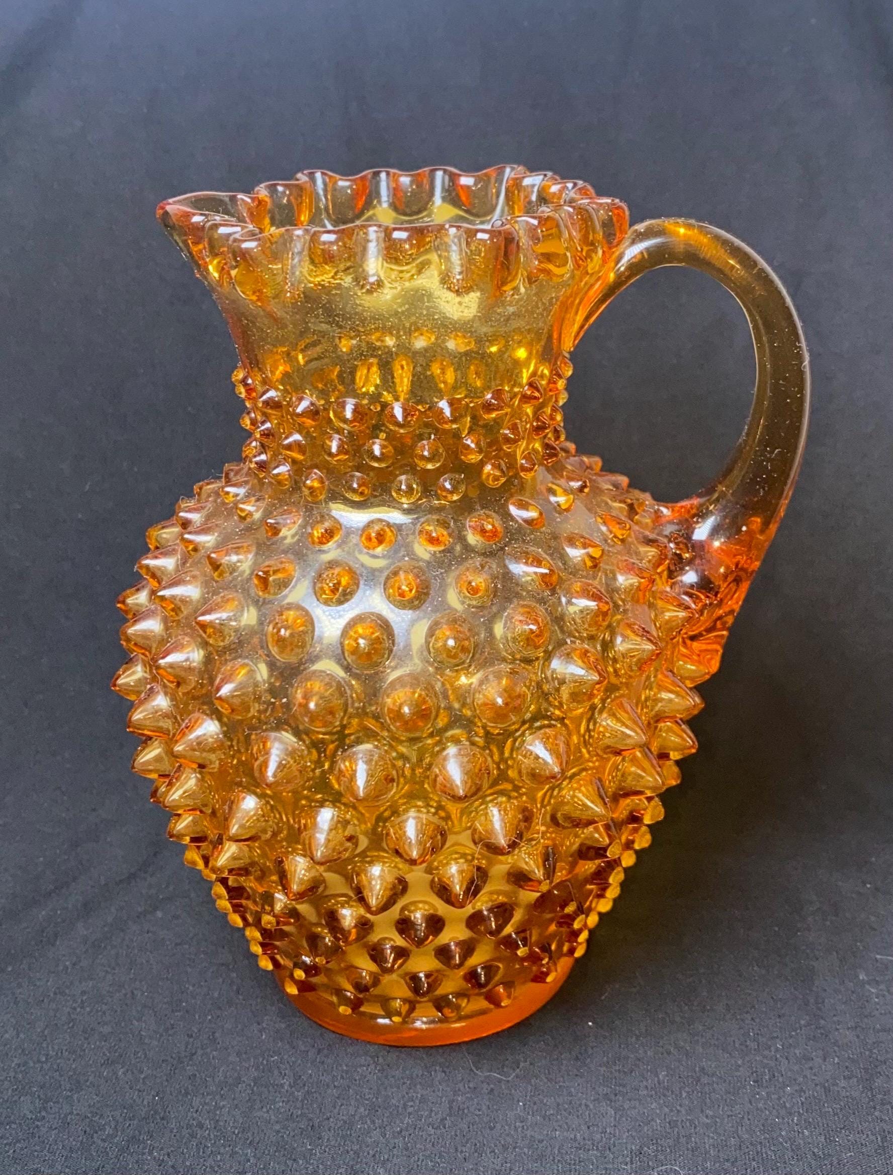 MCM Vintage Amber Hobnail Glass Pitcher Mid Century Ruffled Rim Decorative Vase Fenton Style Glass Retro Fall Table Decor