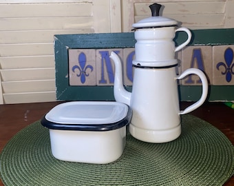 Vintage French Enamelware Drip Coffee Pot Set / Tea Kettle & Storage Container White Black Trim Made in Belgium Mid Century European