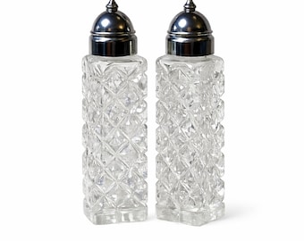 Vintage Cut Glass Salt and Pepper Shakers Set, Mid Century Crystal Pressed Glass Square Spice Bottles, Chrome Metal Lids, Cottage Dining set