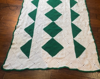 Vintage Handmade Crochet Afghan  Green White Diamond Pattern Blanket Cottagecore Grandmacore Farmhouse Throw Cozy