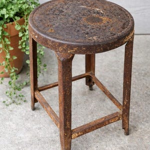 Vintage Industrial Factory Stool Steampunk Metal Shop Stool Rustic Steel Primitive Farmhouse Decor Rusty Plant Stand Heavy Duty Workshop