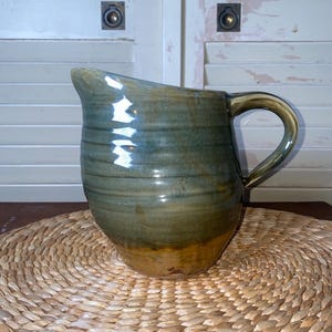 Studio Art Pottery Signed Pitcher, Handmade Ceramic Jug, Green Drip Glaze Vase, Rustic Farmhouse Decor, Wheel Thrown Pottery, Organic Modern