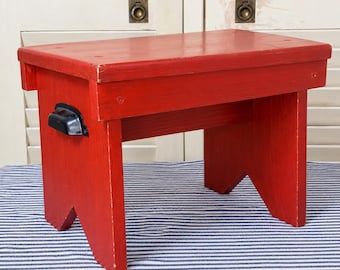 Vintage Red Wooden Step Stool Primitive Farmhouse Foot Stool Country Cottagecore Decor Americana Rustic Style Wood with Black Handle