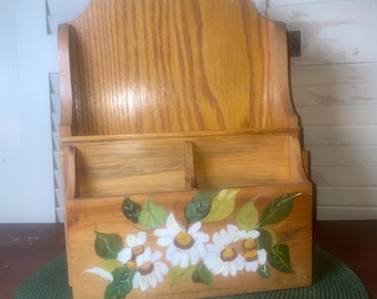 Vintage Wooden Wall Mail Organizer Hand Painted Daisies Letter Holder Cottagecore Farmhouse Decor Cookbook Utensil Holder Primitive Style