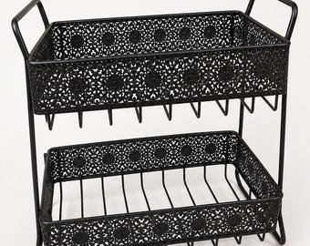 Vintage Black Metal Filigree 2 Tier Stand, Hollywood Regency Organizer Rack, Ornate Vanity Shelf, Mid Century Bar Cart Perfume Storage