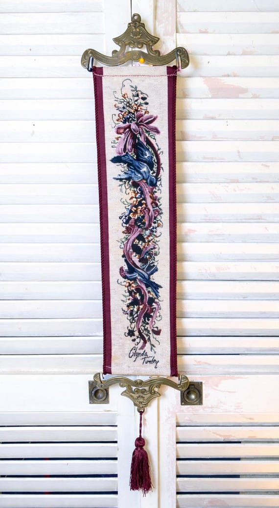 Glenda Turley Tapestry Wall Hanging Pull Textile Art Victorian Floral Ribbon Birds Brass Mount Tassel Vintage Fiber Art Decor Cottagecore