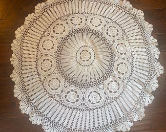 Vintage Crochet Round Grandmacore Tablecloth Large 36 Inch Lace Doily White Crochet Centerpiece | Farmhouse Cottagecore Decor Shabby Chic