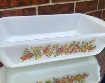 Vintage Anchor Hocking 441 Loaf Pan 5x9 Milk Glass Baking Dish Harvest Vegetable Pattern Fire King Style Retro Kitchen Decor