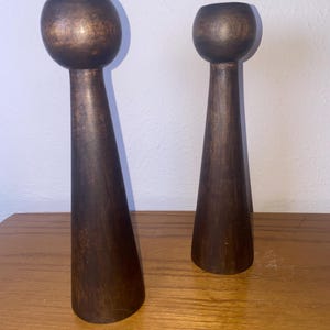 Pair of MCM Vintage Danish Modern Style Wooden Candle Holders – Scandinavian Mid Century Modern Teak Look