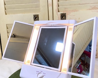 Vintage Conair Lighted Makeup Magnifying Mirror | Adjustable Tilt 3 Panel Vanity Mirror | 4 Lighting Modes: Home Office Day Evening Working