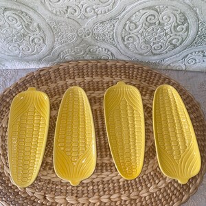 Set of 4 Vintage Corn on the Cob Shaped Side Dishes | Cottagecore Style Yellow Ceramic Corn Plates | Snack Trays | Farmhouse Kitchen Decor
