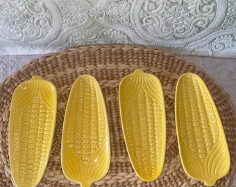 Set of 4 Vintage Corn on the Cob Shaped Side Dishes | Cottagecore Style Yellow Ceramic Corn Plates | Snack Trays | Farmhouse Kitchen Decor