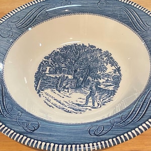 Vintage MCM USA Currier & Ives  12&quot; Oval Platter Blue and White Transferware Country Cottagecore Grandma Chic Farmhouse Hutch Decor Retro