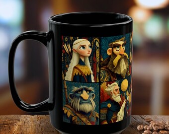 Zwarte koffiemok Fantasy Creatures: elfen, dwergen en draken