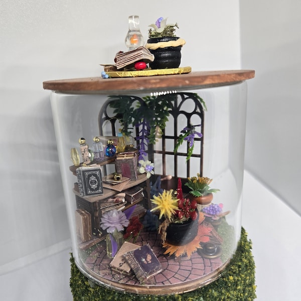 Miniature Magic Garden Diorama, Half Scale, Books, Flowers, Conservatory, Gazebo, Vignette, Glass Dome, Gift, OOAK