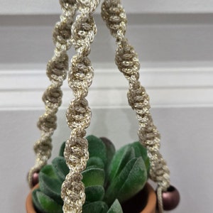 May include: A macrame plant hanger with a small terracotta pot and a green succulent plant. The hanger is made with white and gold rope and has brown wooden beads.