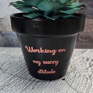 May include: Black terracotta pot with a succulent plant and the text "Working on my succy attitude" in pink lettering.