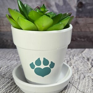 Puede incluir: Maceta de cerámica blanca con una planta suculenta verde y una huella de pata turquesa con un corazón en el centro. La maceta tiene un platillo a juego.