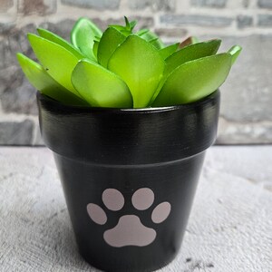 May include: A small, black ceramic flower pot with a light grey paw print design. The pot is filled with a vibrant green succulent plant. The pot sits on a light grey surface.
