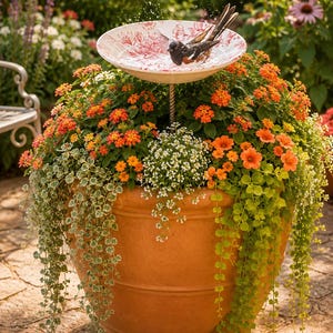 May include: A large terracotta planter filled with orange and white flowers and trailing green foliage, featuring a central metal stand topped with a shallow white birdbath bowl decorated with a red floral pattern and a small black and orange bird.