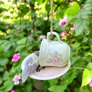Teacup Bird Feeder created with vintage floral ceramic teacup and saucer