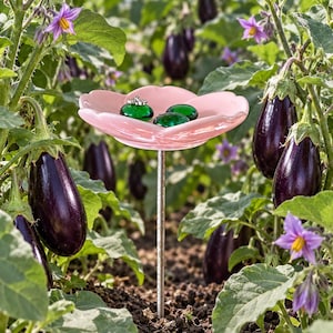 May include: A light pink, flower-shaped glass bird bath or garden stake sits on a thin metal pole. The shallow, scalloped bowl contains three smooth, round, dark green glass decorative stones. It is positioned among dark purple eggplants.